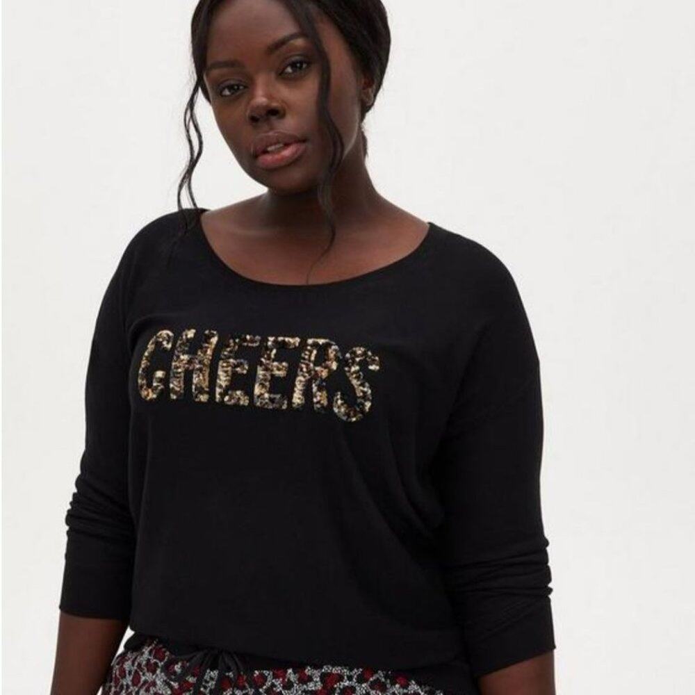 Torrid sleep black & gold sequin CHEERS front long sleeve‎ sweatshirt woman's 3X